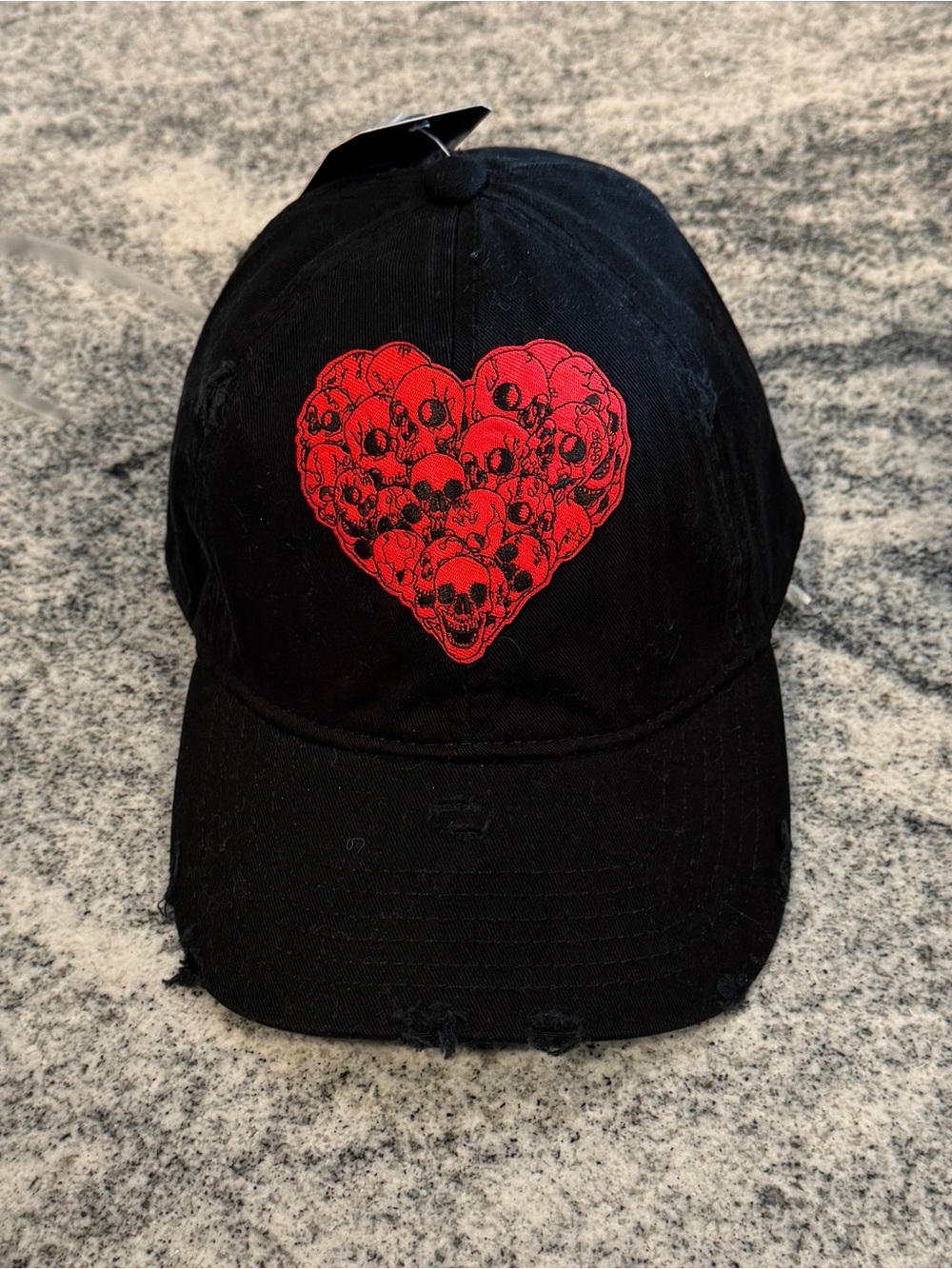 New Custom Designed Black Distressed Baseball Cap with Red & Black Skulls